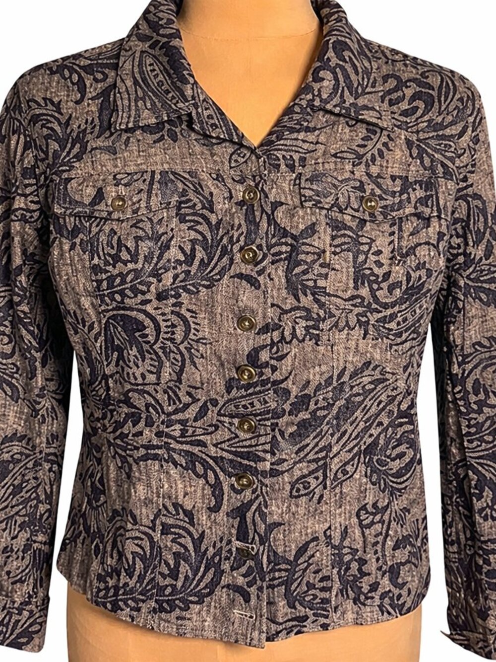 Chico’s Linen Blend Paisley Jacket Blue Gray Lightweight Button Front Size 2